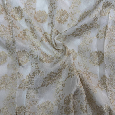 White & Golden Floral Dyeable Zari Banarasi Russian Silk Fabric