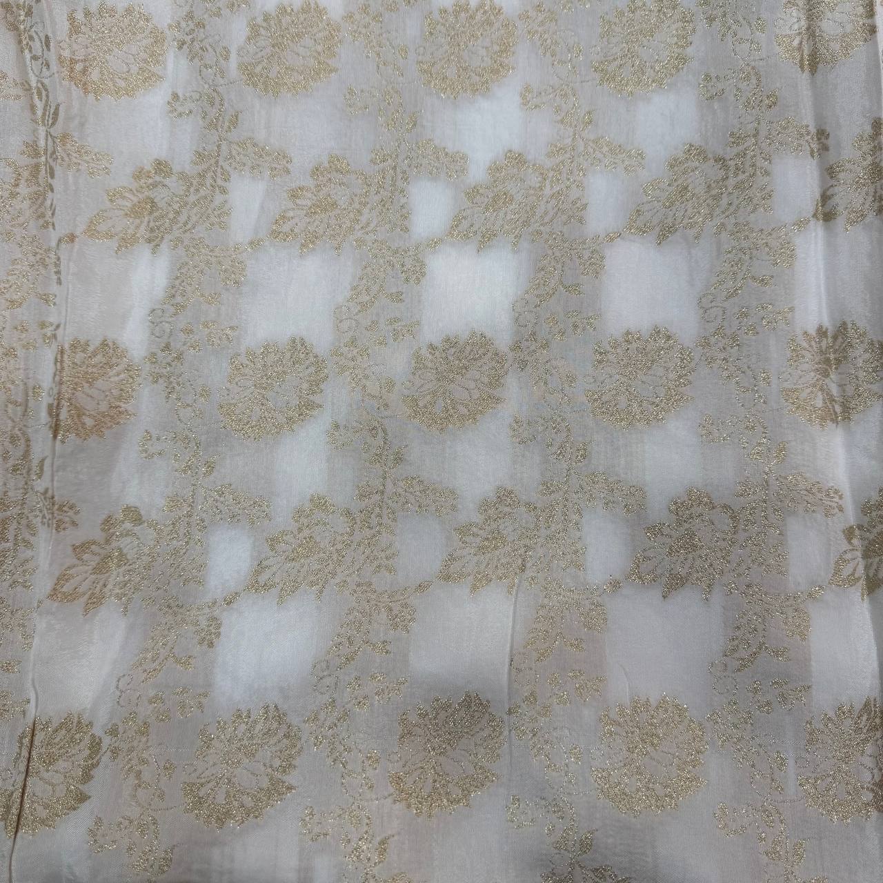 White & Golden Floral Dyeable Zari Banarasi Russian Silk Fabric