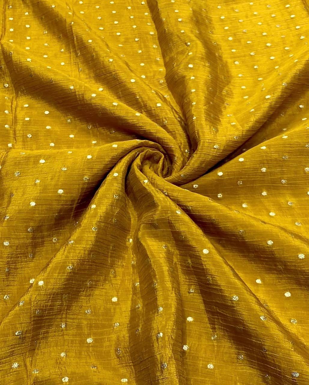 Mustard Yellow Motifs Gold Butti Floral Dyeable Zari Banarasi Viscose Crushed Tissue Silk Fabric