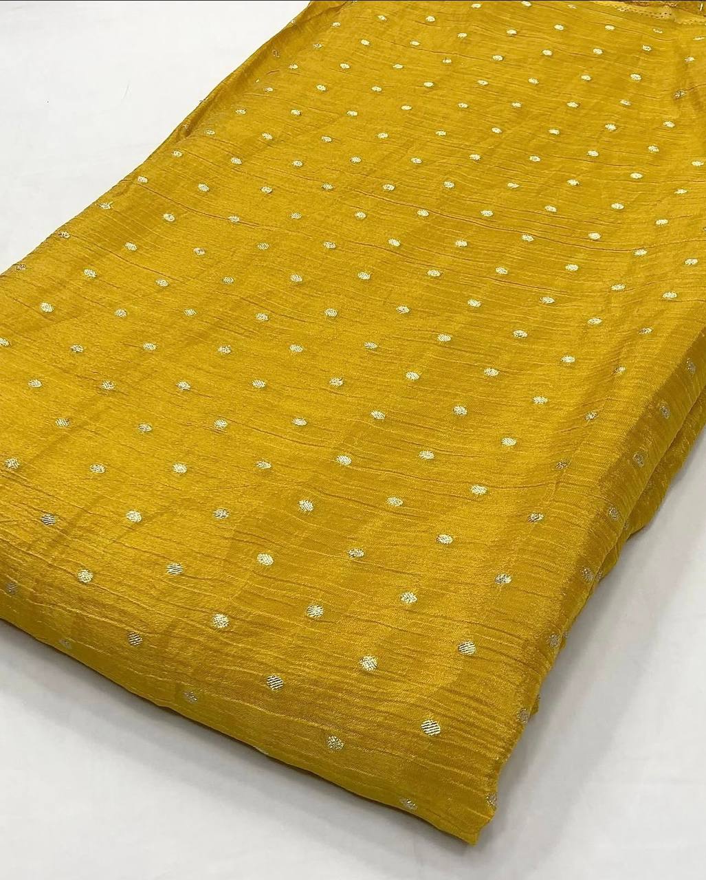 Mustard Yellow Motifs Gold Butti Floral Dyeable Zari Banarasi Viscose Crushed Tissue Silk Fabric