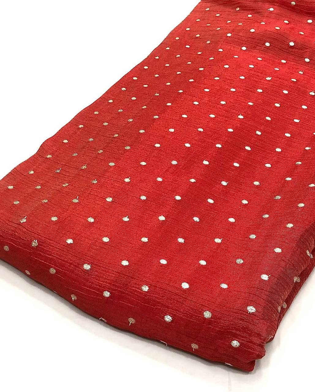 Red Motifs Gold Butti Floral Dyeable Zari Banarasi Viscose Crushed Tissue Silk Fabric