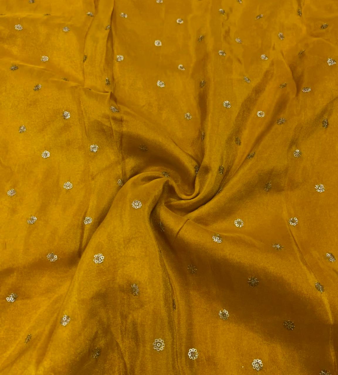 Mustard Flower Butti Dyeable Embroidered Viscose Gold Tissue Silk Fabric (Wholesale)