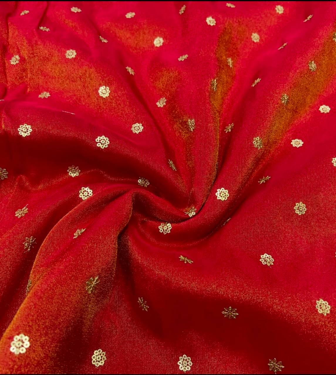 Dark Red Flower Butti Dyeable Embroidered Viscose Gold Tissue Silk Fabric (Wholesale)