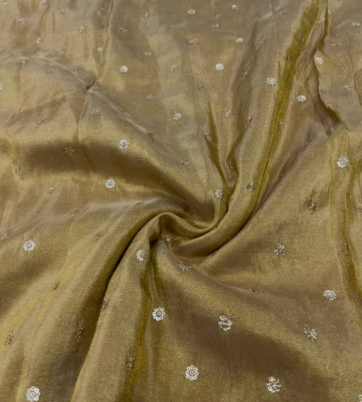 Dark Beige Flower Butti Dyeable Embroidered Viscose Gold Tissue Silk Fabric (Wholesale)