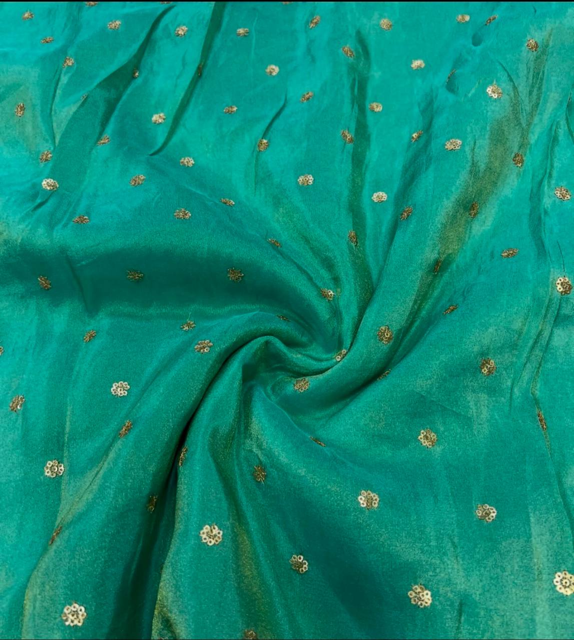 Deep Sea Motifs Flower Butti Embroidered Viscose Gold Tissue Silk Fabric (Wholesale)