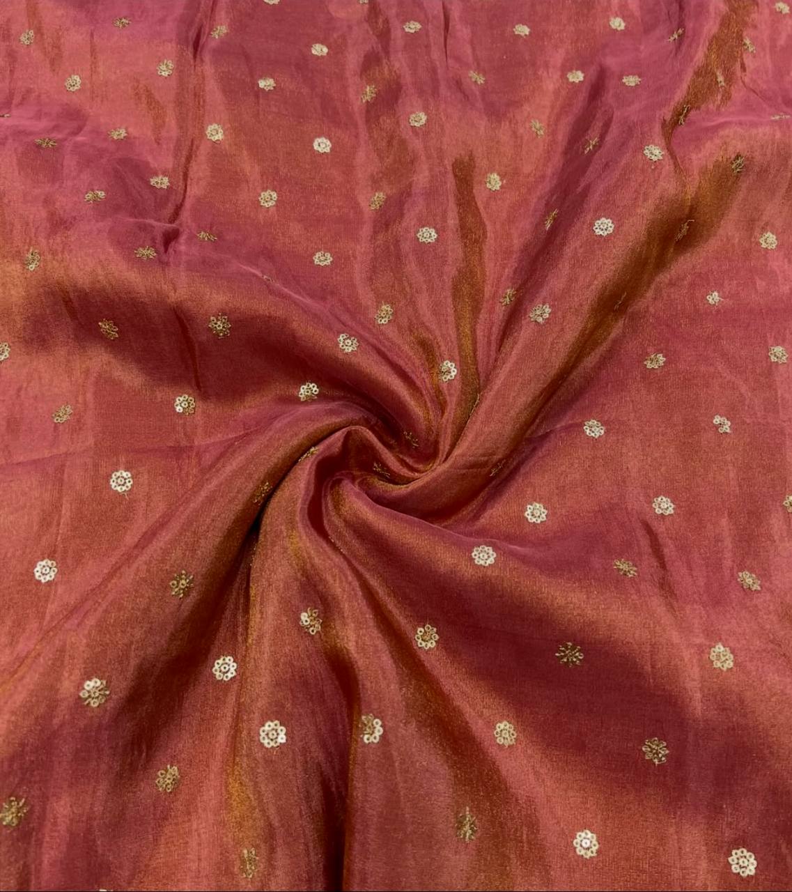 Pale Carmine Motifs Flower Butti Embroidered Viscose Gold Tissue Silk Fabric (Wholesale)