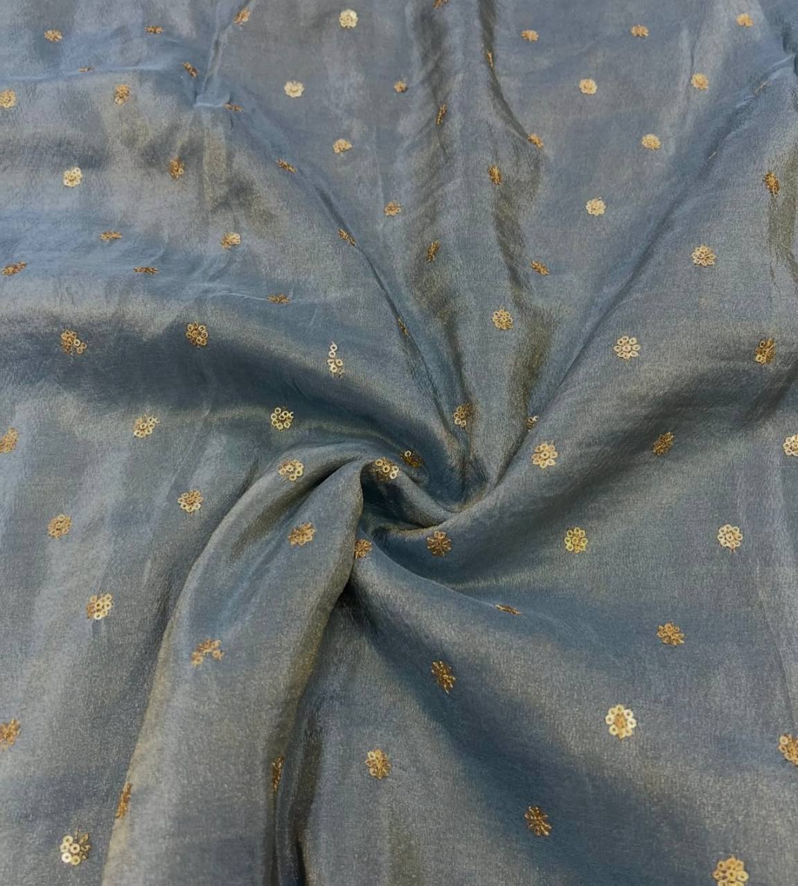 Smokey Grey Motifs Flower Butti Embroidered Viscose Gold Tissue Silk Fabric (Wholesale)