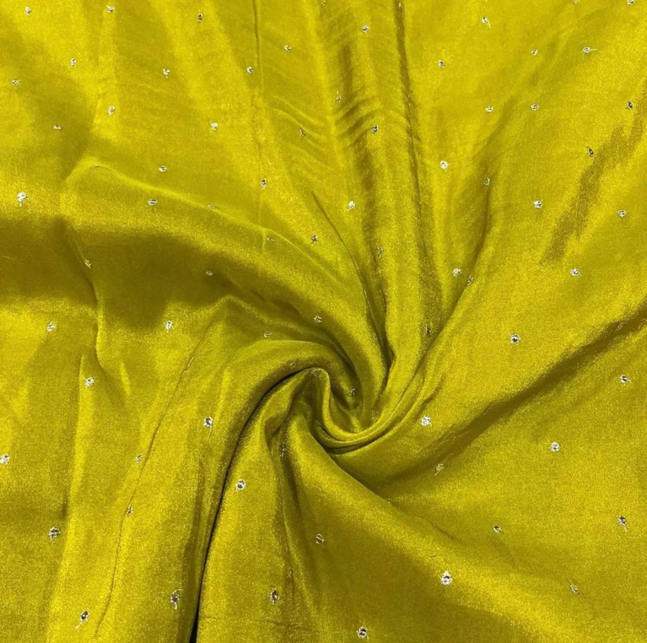 Olive Yellow Polka Butti Embroidered Viscose Gold Tissue Silk Fabric (Wholesale)