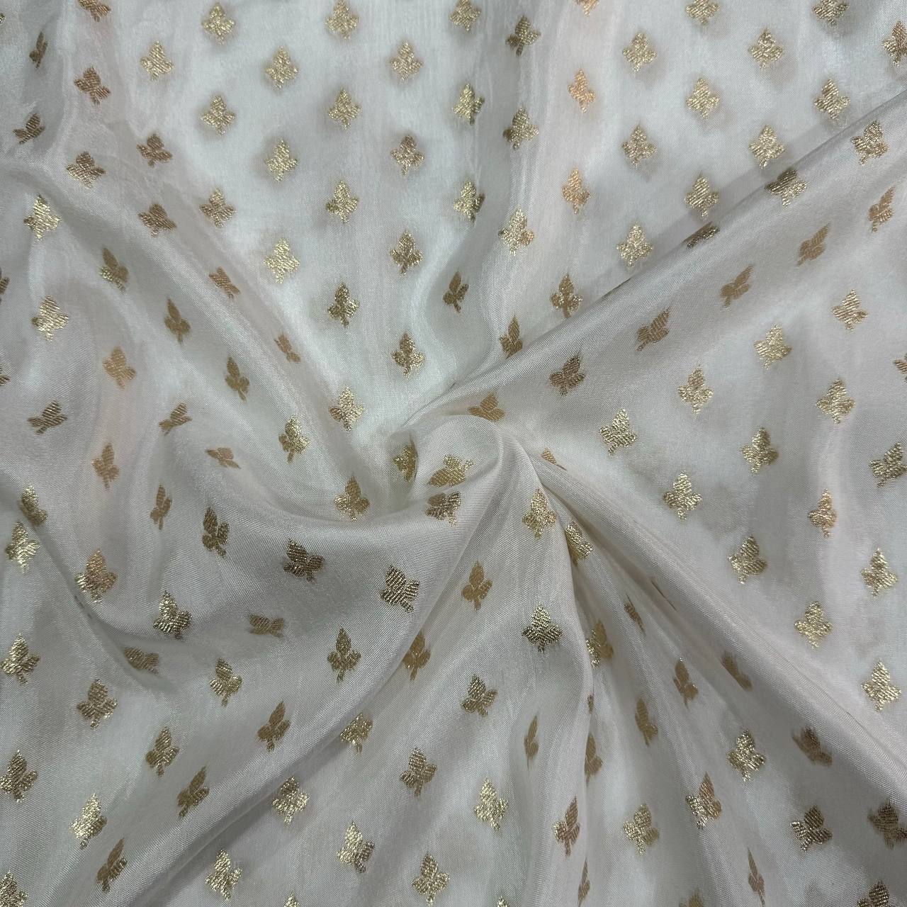 White & Golden Motifs Butti Dyeable Zari Banarasi Russian Silk Fabric (Wholesale)