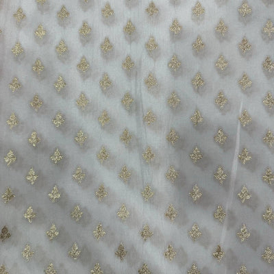 White & Golden Motifs Butti Dyeable Zari Banarasi Russian Silk Fabric (Wholesale)