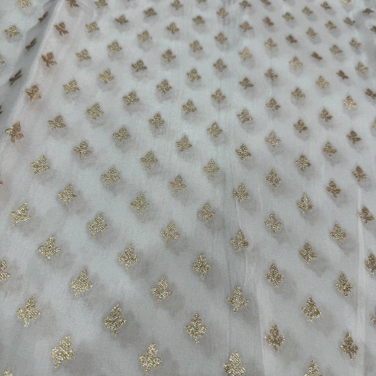 White & Golden Motifs Butti Dyeable Zari Banarasi Russian Silk Fabric (Wholesale)