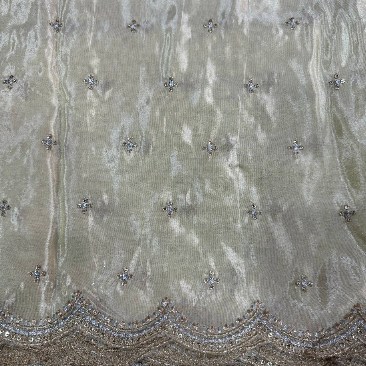 Off-White & Golden Motifs Butti Cutwork Dyeable Embroidered Viscose Tissue Silk Fabric