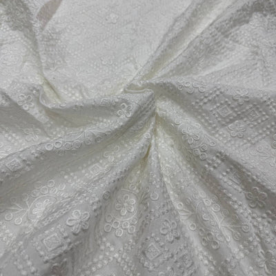 White Geometric Dyeable Lakhnavi Embroidered Viscose Dola Silk Fabric (Wholesale)