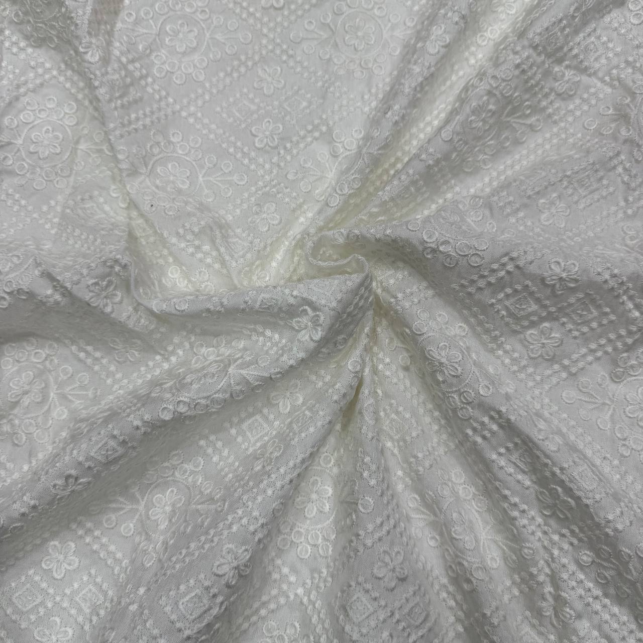 White Geometric Dyeable Lakhnavi Embroidered Viscose Dola Silk Fabric (Wholesale)