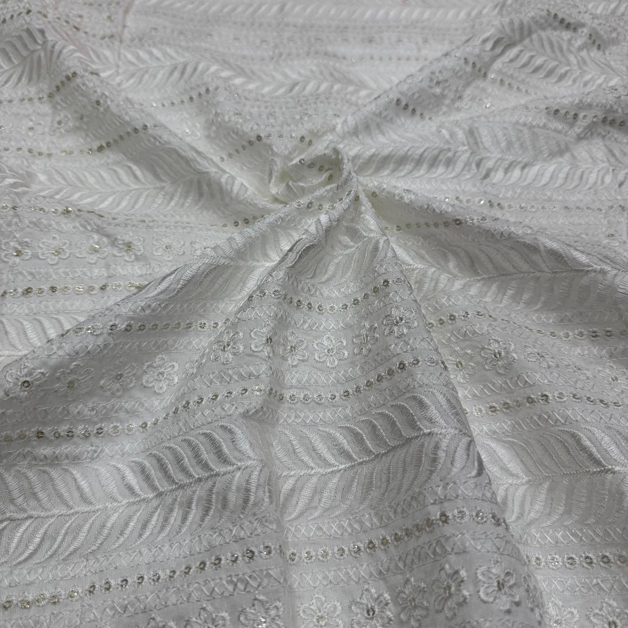 White Stripes Dyeable Lakhnavi Embroidered Viscose Dola Silk Fabric (Wholesale)