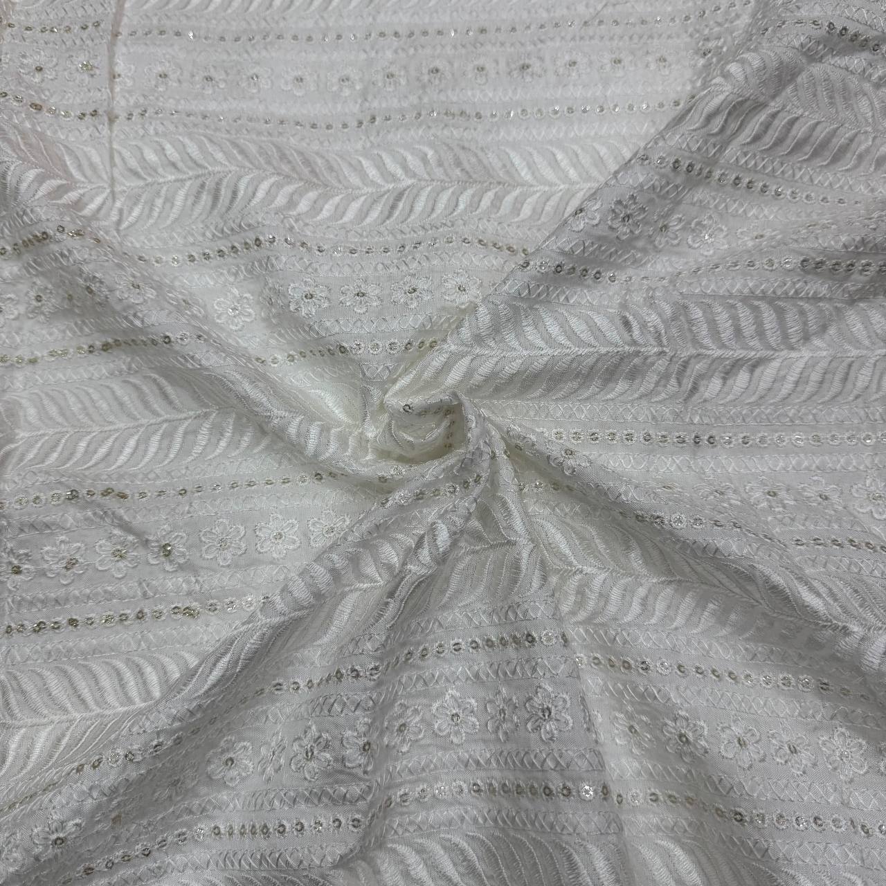 White Stripes Dyeable Lakhnavi Embroidered Viscose Dola Silk Fabric (Wholesale)