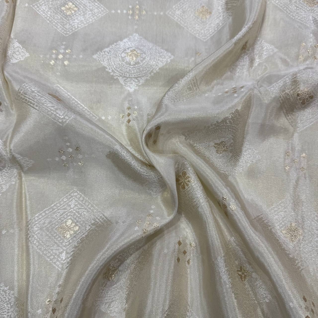 White & Golden Floral Dyeable Zari Banarasi Work Viscose Tissue Silk Fabric (Wholesale)