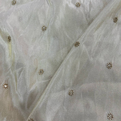 White & Gold Motifs Butti Dyeable Embroidered Viscose Tissue Silk Fabric