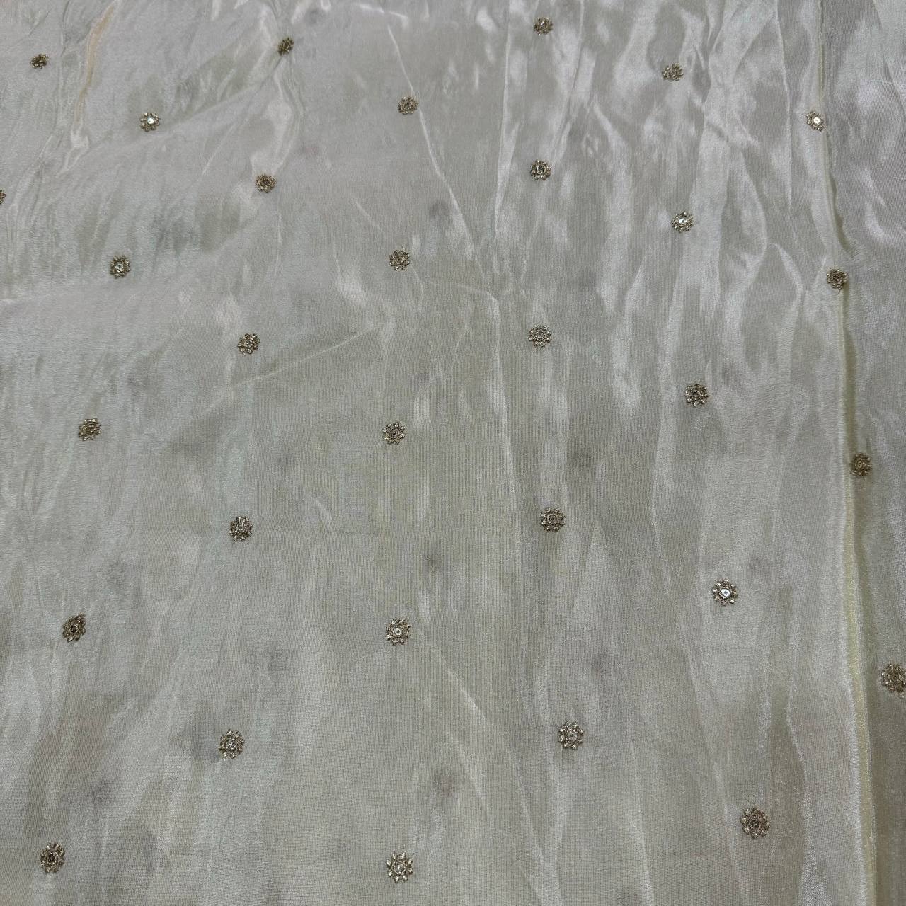 White & Gold Motifs Butti Dyeable Embroidered Viscose Tissue Silk Fabric