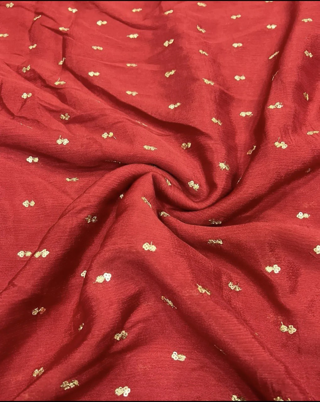 Red Floral Butti Embroidered Viscose Chinon Chiffon Fabric (Wholesale)