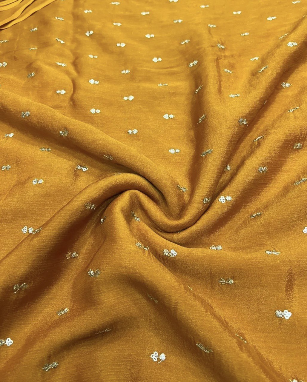 Fuel Yellow Floral Butti Embroidered Viscose Chinon Chiffon Fabric (Wholesale)
