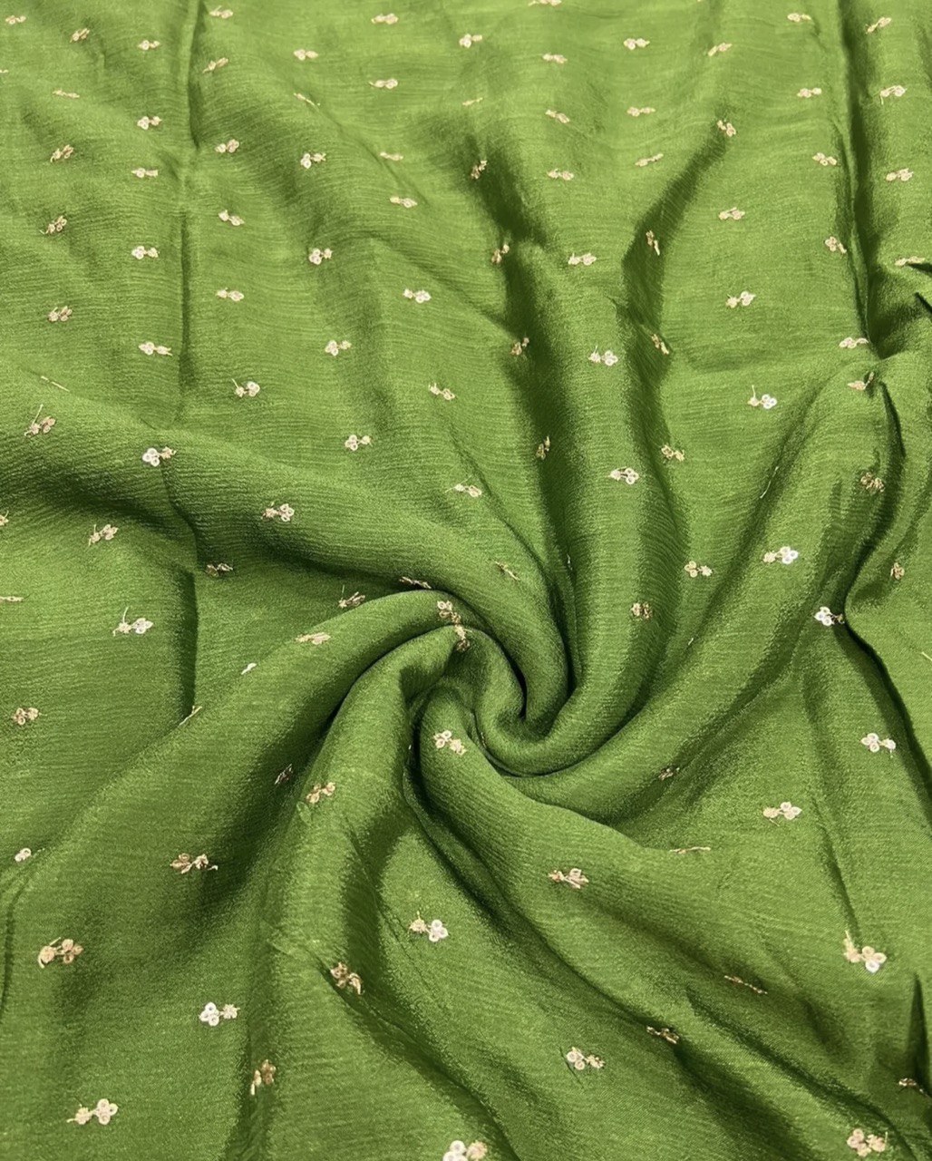Moss Green Floral Butti Embroidered Viscose Chinon Chiffon Fabric (Wholesale)