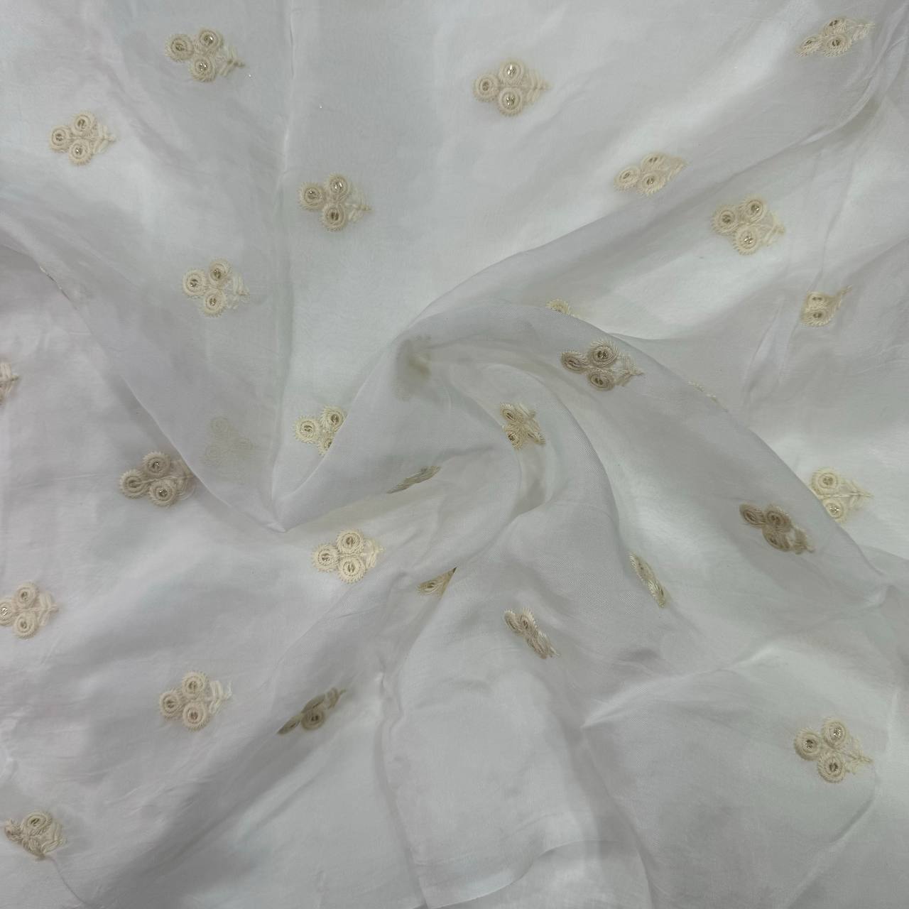 White Motifs Dyeable Butti Thread Embroidered Viscose Organza Fabric