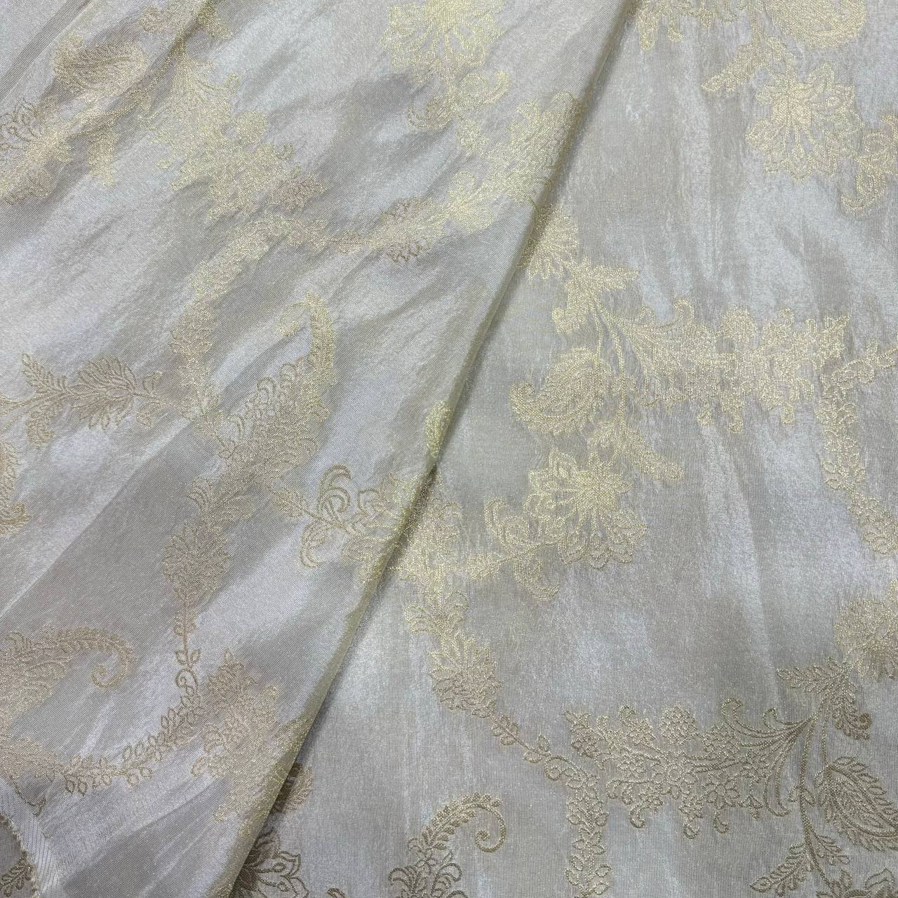 White & Rose Gold Floral Dyeable Zari Banarasi Viscose Tissue Silk Fabric (Wholesale)