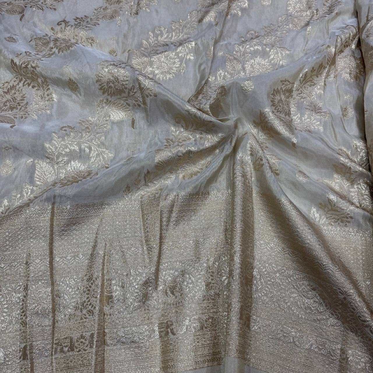 White & Gold Floral Dyeable Zari Banarasi Panel Work Viscose Tissue Silk Fabric