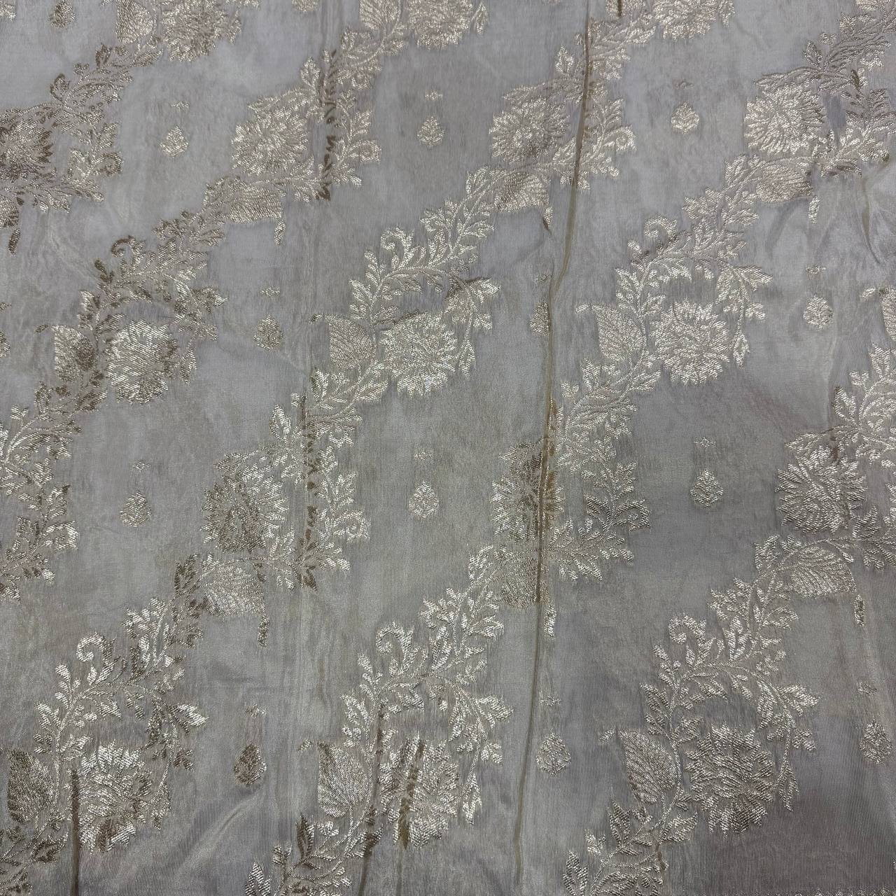 White & Gold Floral Dyeable Zari Banarasi Panel Work Viscose Tissue Silk Fabric