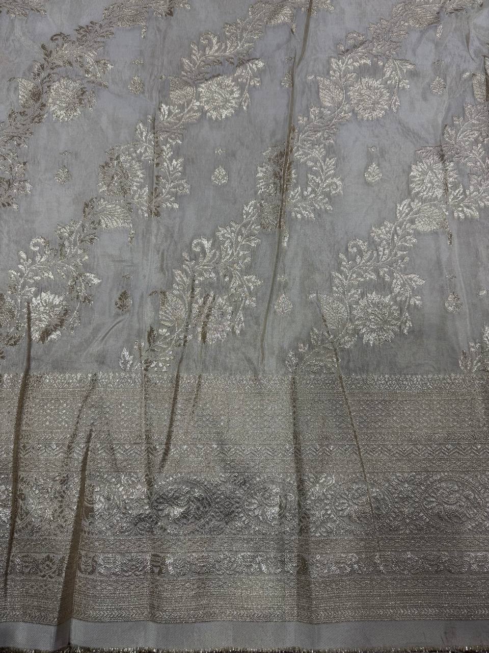 White & Gold Floral Dyeable Zari Banarasi Panel Work Viscose Tissue Silk Fabric