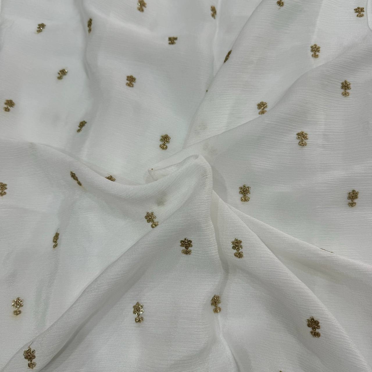 White & Golden Floral Butti Dyeable Embroidered Viscose Chinon Chiffon Fabric