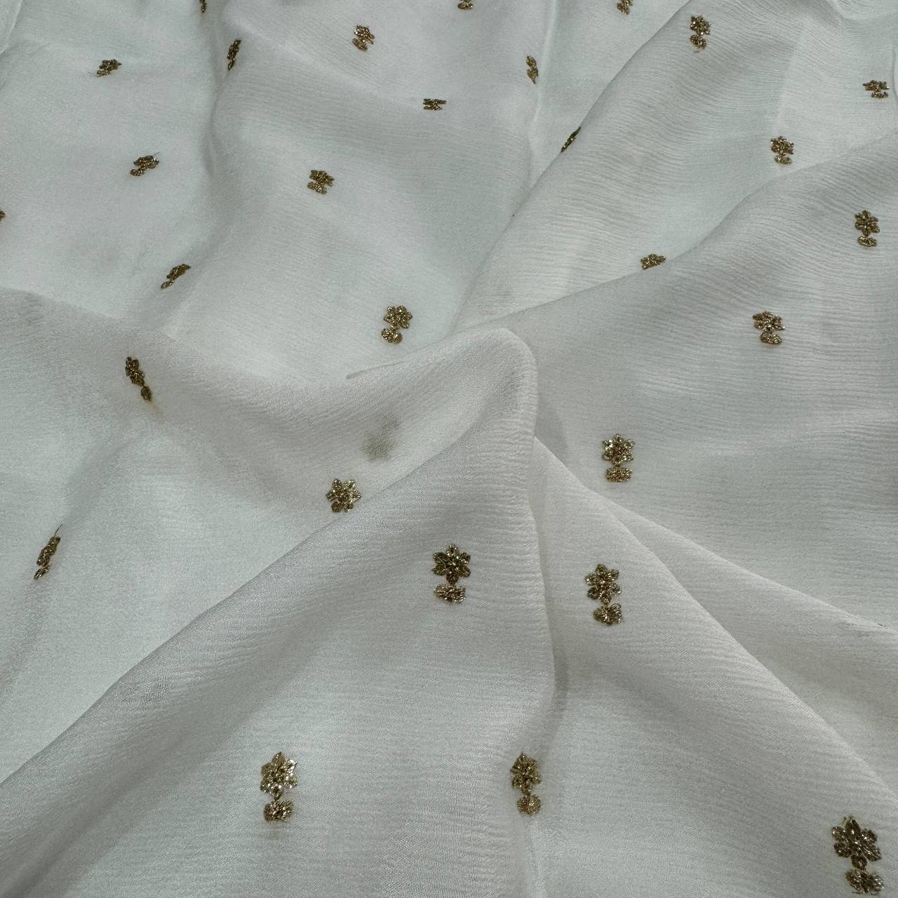 White & Golden Floral Butti Dyeable Embroidered Viscose Chinon Chiffon Fabric