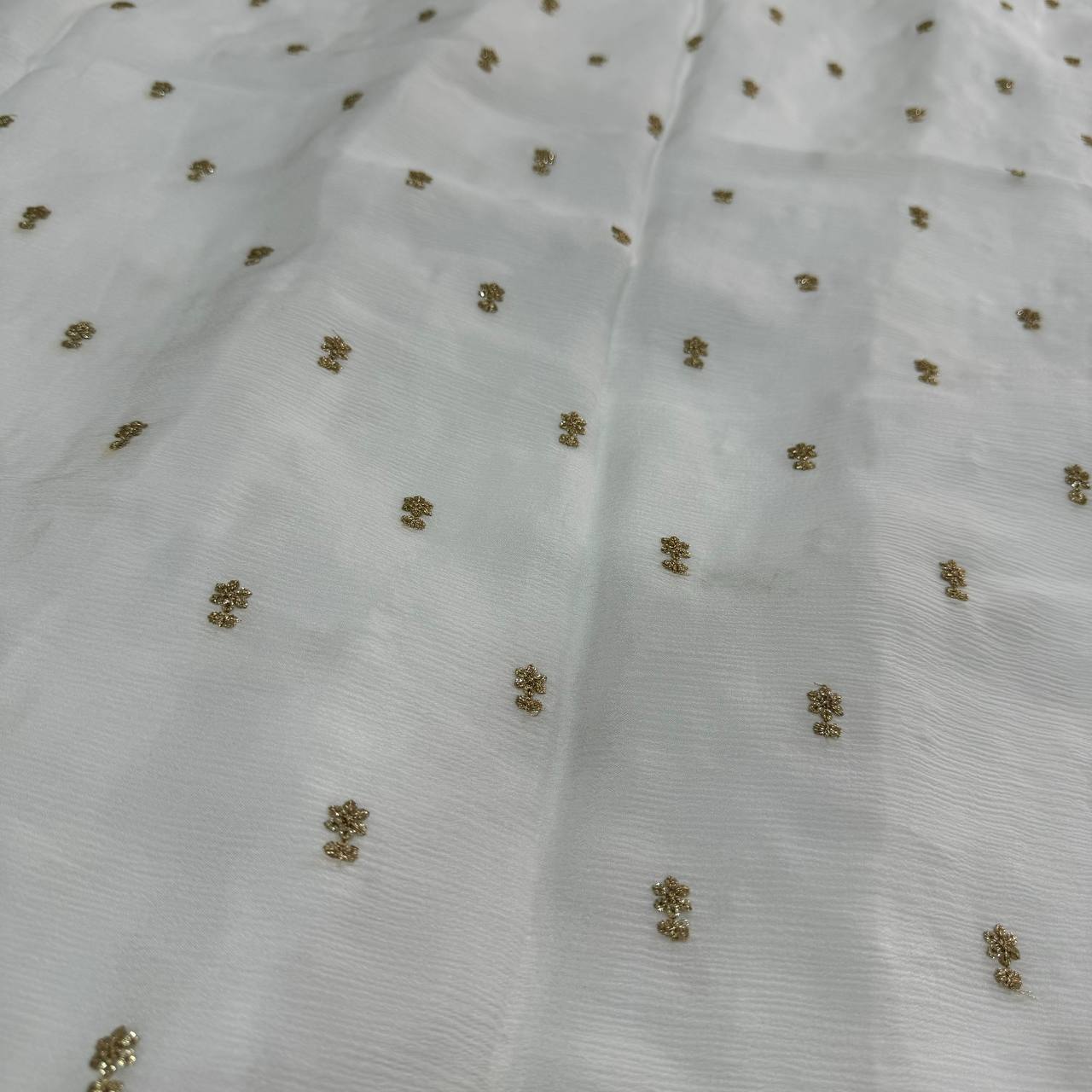 White & Golden Floral Butti Dyeable Embroidered Viscose Chinon Chiffon Fabric