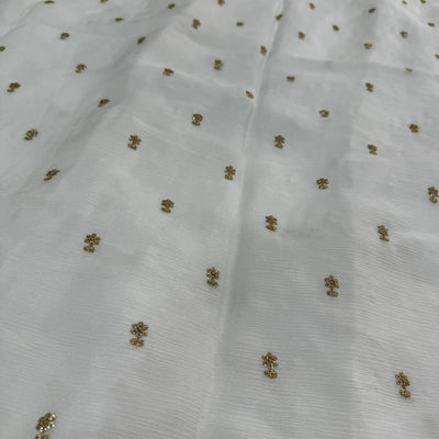 White & Golden Floral Butti Dyeable Embroidered Viscose Chinon Chiffon Fabric