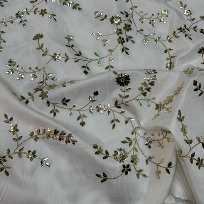 White Floral Dyeable Zari Foil Embroidered Viscose Dola Silk Fabric