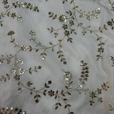 White Floral Dyeable Zari Foil Embroidered Viscose Dola Silk Fabric