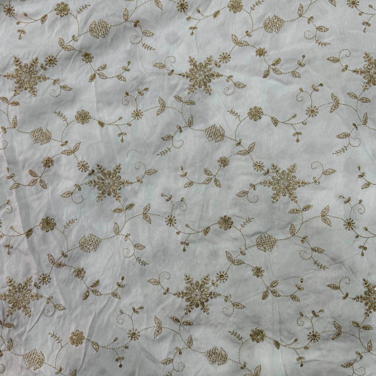 White Floral Sequins Embroidered  Dyeable Viscose Dola Silk Fabric