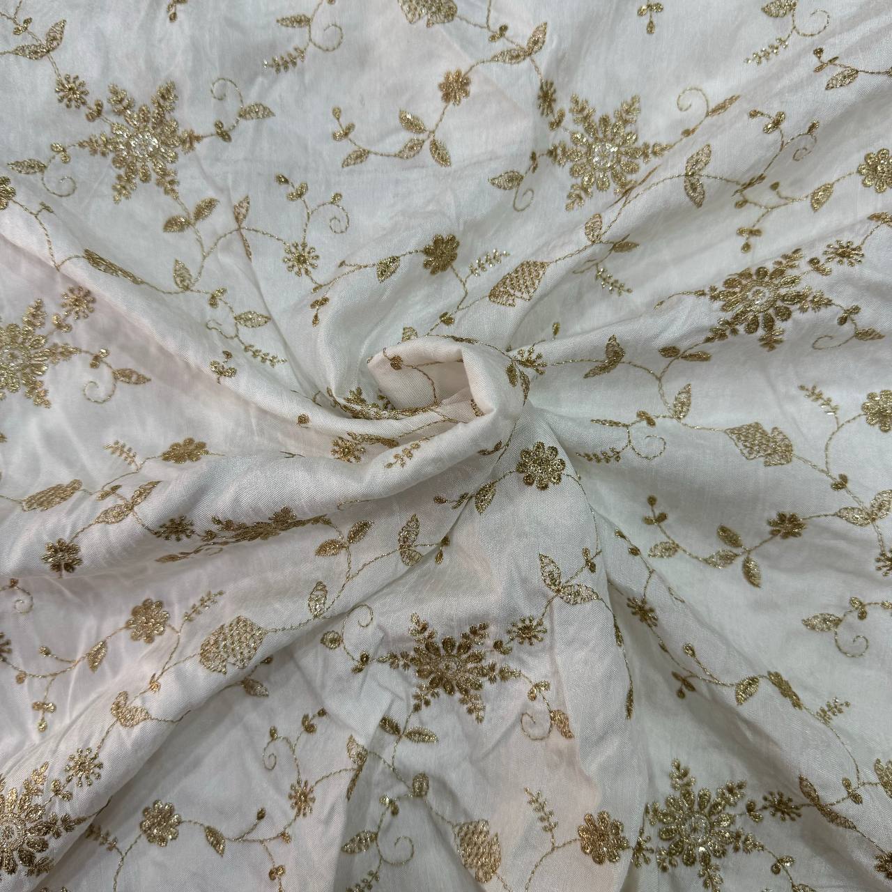 White Floral Sequins Embroidered  Dyeable Viscose Dola Silk Fabric