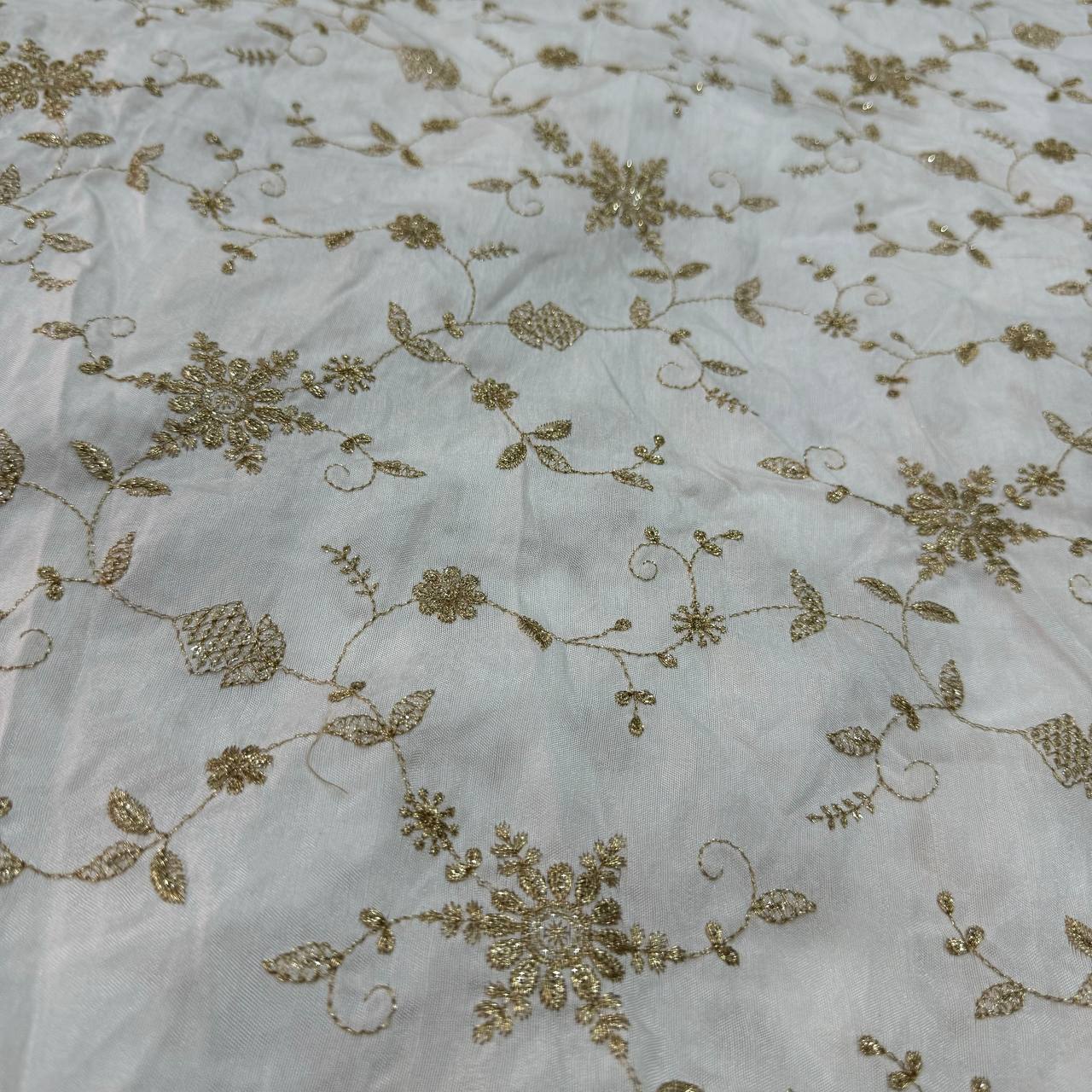 White Floral Sequins Embroidered  Dyeable Viscose Dola Silk Fabric