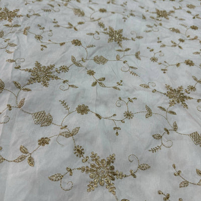 White Floral Dyeable Embroidered Viscose Dola Silk Fabric (Wholesale)