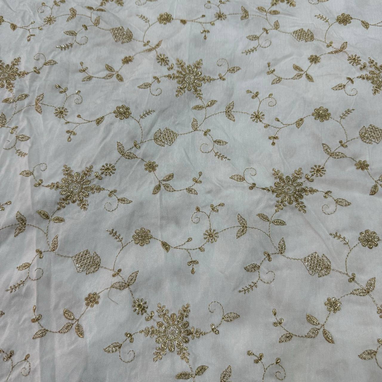 White Floral Sequins Embroidered  Dyeable Viscose Dola Silk Fabric