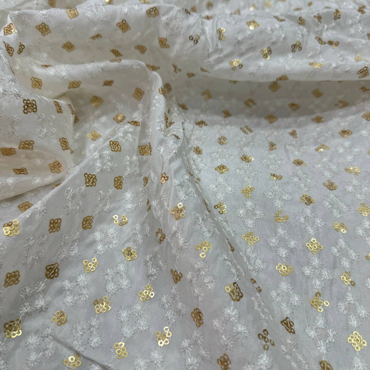 White Geometric Embroidered Dyeable Viscose Uppada Silk Fabric (Wholesale)