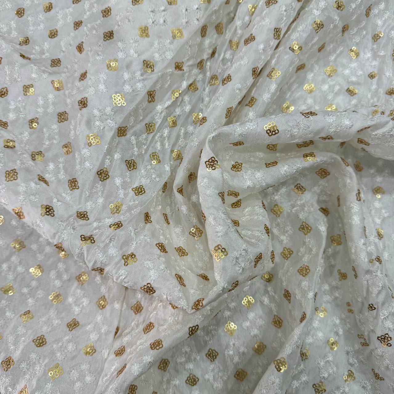 White Geometric Embroidered Dyeable Viscose Uppada Silk Fabric