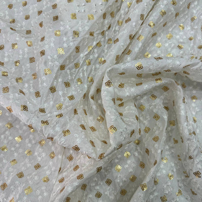 White Geometric Embroidered Dyeable Viscose Uppada Silk Fabric (Wholesale)