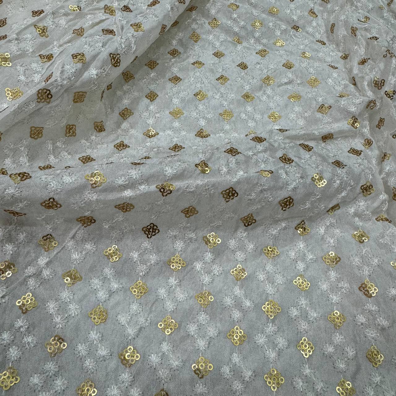 White Geometric Embroidered Dyeable Viscose Uppada Silk Fabric