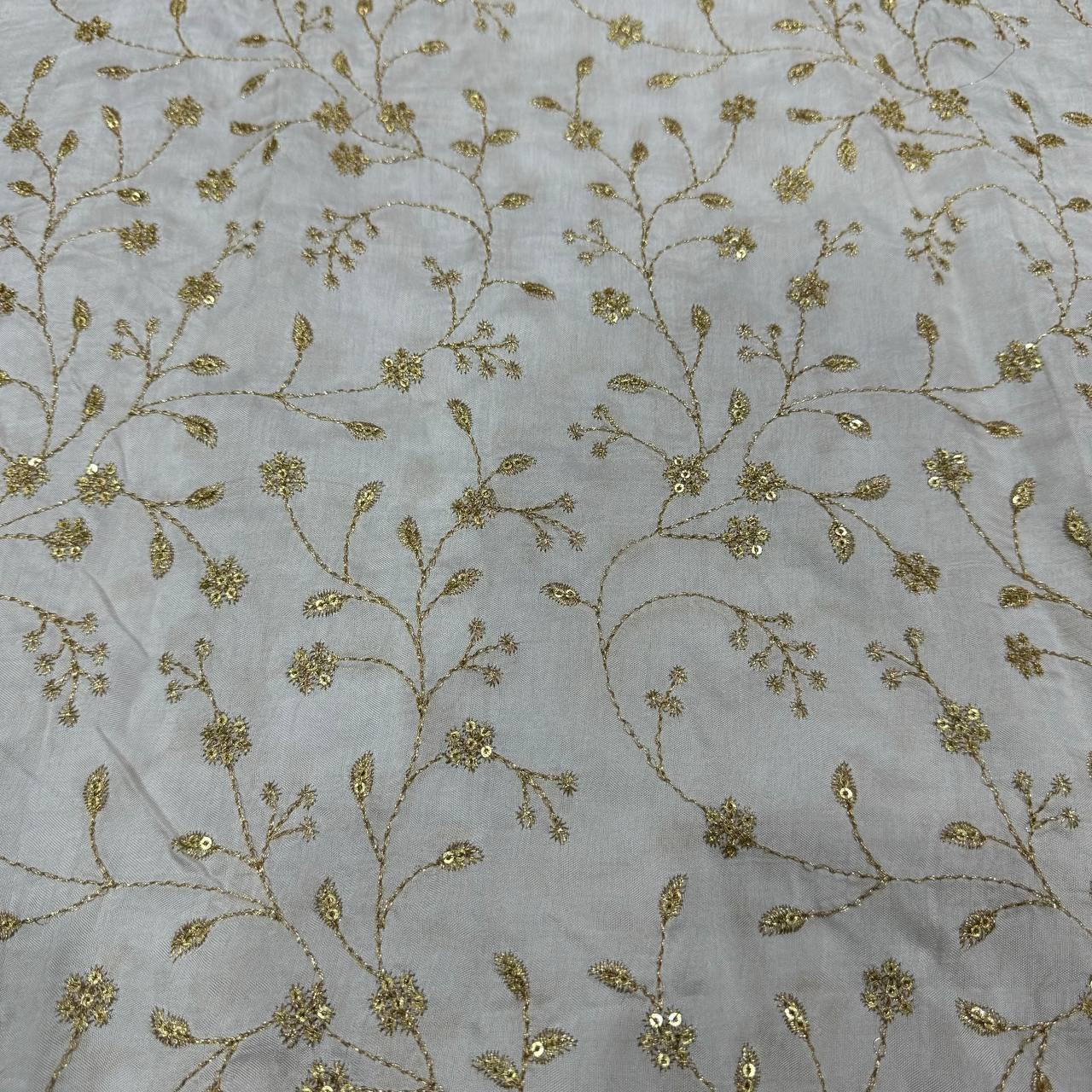 White Floral Embroidered Dyeable Viscose Dola Silk Fabric