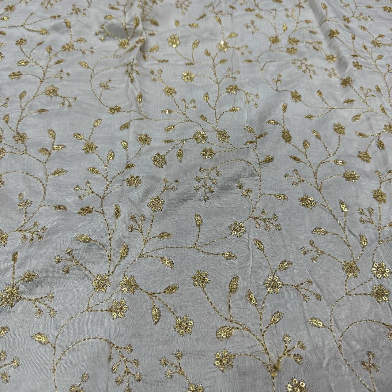 White Floral Embroidered Dyeable Viscose Dola Silk Fabric