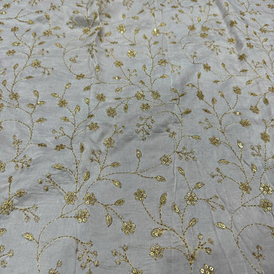 White Floral Embroidered Dyeable Viscose Dola Silk Fabric