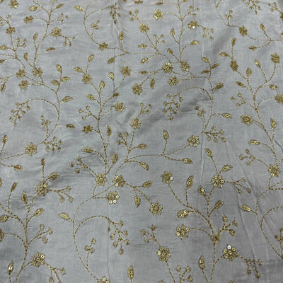 White Floral Embroidered Dyeable Viscose Dola Silk Fabric